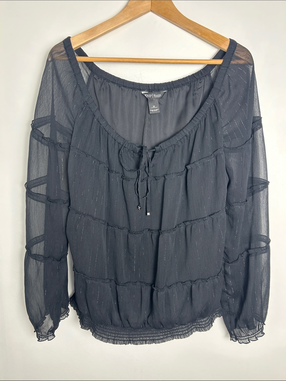White House Black Market Black Sheer Ruffle Peasant Boho Top Medium whimsigoth